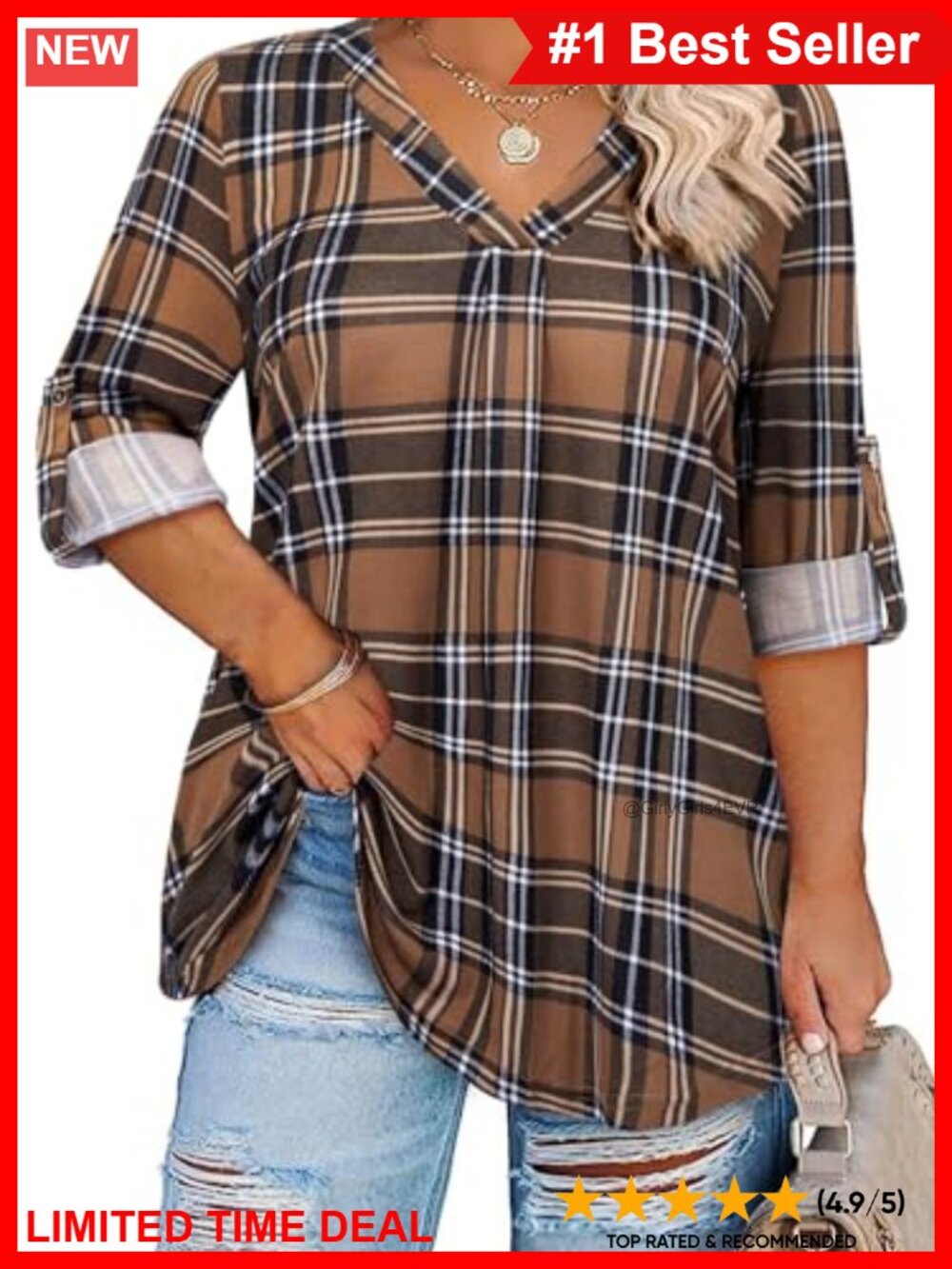 Plus Size Tunic Top 3/4 Sleeve V Neck Blouse for Women